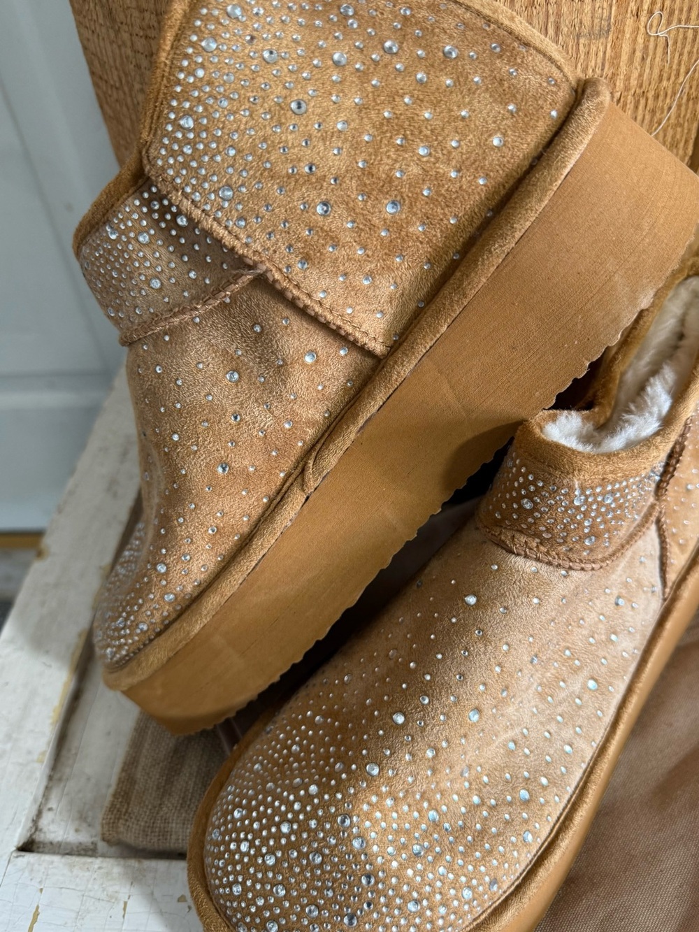 Madden Girl Tan Crystal-Embellished Suede Slip-On Boots